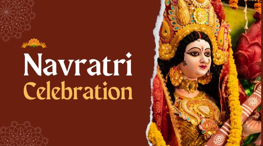 Navratri Celebration Banner with a Depiction of Goddess Durga in Traditional Attire and Festive Decorations.