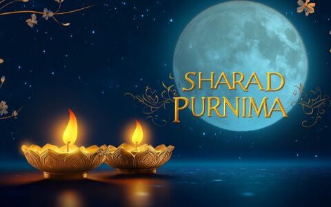 Sharad Purnima celebration with two lit diyas in the foreground and a full moon in the background, decorated with floral elements in a serene night sky.