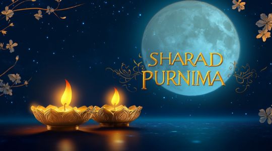 Sharad Purnima Celebration with Two Lit Diyas in the Foreground and a Full Moon in the Background, Decorated with Floral Elements in a Serene Night Sky.