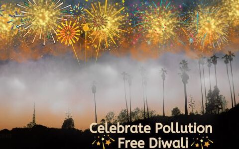 Illustration of fireworks in the night sky above silhouetted trees, with text reading 'Celebrate Pollution-Free Diwali' at the bottom, emphasizing an eco-friendly and clean Diwali celebration.