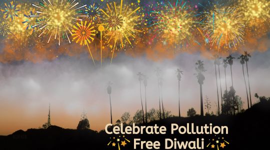 Illustration of Fireworks in the Night Sky Above Silhouetted Trees, with Text Reading 'celebrate Pollution-free Diwali' at the Bottom, Emphasizing an Eco-friendly and Clean Diwali Celebration.