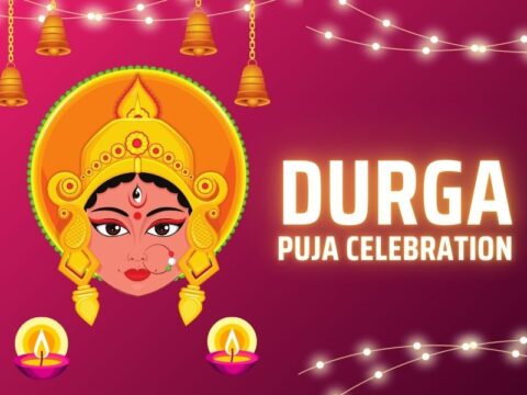 Illustration of Goddess Durga with a decorative headpiece, accompanied by diya lamps and bells, celebrating Durga Puja. The background is pink with string lights, and the text 'Durga Puja Celebration' is displayed prominently.