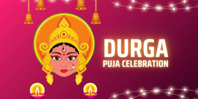 Illustration of Goddess Durga with a Decorative Headpiece, Accompanied by Diya Lamps and Bells, Celebrating Durga Puja. the Background is Pink with String Lights, and the Text 'durga Puja Celebration' is Displayed Prominently.