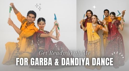 Group of Young Men and Women Dressed in Traditional Indian Attire Holding Dandiya Sticks, Getting Ready for Garba and Dandiya Dance During Navratri Celebrations.