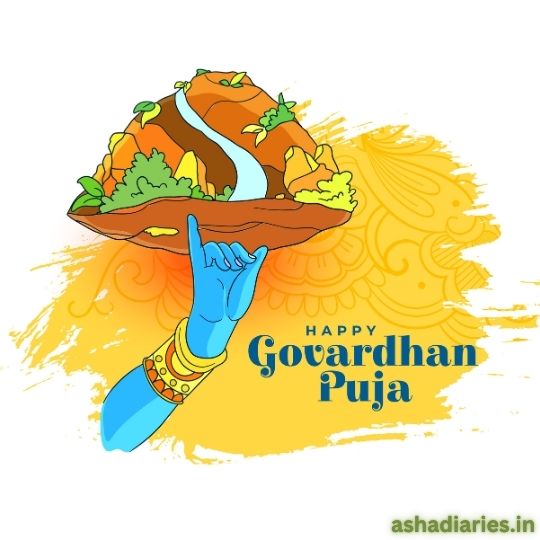 Illustration of a Blue Hand Holding a Plate with a Mountain and River, Symbolizing Govardhan Puja, with the Text 'Happy Govardhan Puja' in a festive design.