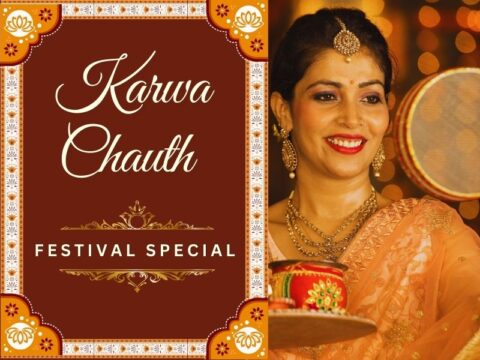 Elegant Karwa Chauth festival special promotional graphic featuring a smiling woman dressed in traditional orange saree, adorned with gold jewelry. She is holding a decorated sieve, used for moon sighting, against a festive background with glowing diya lamps and festive design elements. The background is a rich maroon with gold and white accents, enhancing the celebratory theme.