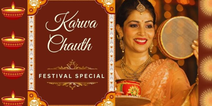 Elegant Karwa Chauth Festival Special Promotional Graphic Featuring a Smiling Woman Dressed in Traditional Orange Saree, Adorned with Gold Jewelry. She is Holding a Decorated Sieve, Used for Moon Sighting, Against a Festive Background with Glowing Diya Lamps and Festive Design Elements. the Background is a Rich Maroon with Gold and White Accents, Enhancing the Celebratory Theme.