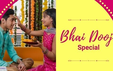 Young girl applying tilak on her brother's forehead during Bhai Dooj celebration, with festive decorations in the background and text reading 'Bhai Dooj Special' on a colorful design.