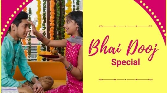 Young Girl Applying Tilak on Her Brother's Forehead During Bhai Dooj Celebration, with Festive Decorations in the Background and Text Reading 'bhai Dooj Special' on a Colorful Design.