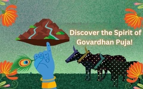 Illustrated depiction of Govardhan Puja with a blue hand lifting a mountain, symbolizing Lord Krishna lifting Govardhan Hill. Decorated cows stand in the background, surrounded by colorful floral motifs. Text reads, 'Discover the Spirit of Govardhan Puja!'