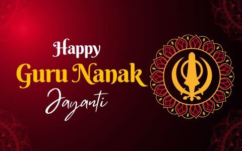 Illustration for Guru Nanak Jayanti featuring a decorative symbol and a festive red background with the text 'Happy Guru Nanak Jayanti' in bold yellow and white letters.