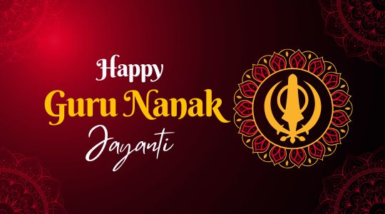 Illustration for Guru Nanak Jayanti Featuring a Decorative Symbol and a Festive Red Background with the Text 'happy Guru Nanak Jayanti' in Bold Yellow and White Letters.