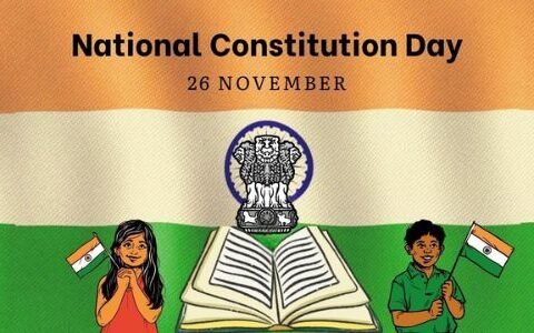 Illustration of National Constitution Day with the Indian national flag background, children holding Indian flags, the Indian Constitution book, and the Ashoka emblem, marked with the date 26 November.