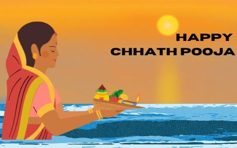 Illustration of a woman performing Chhath Puja at sunrise, holding a traditional offering plate with fruits, a lamp, and a small temple decoration, standing in the water with a serene backdrop of the sun rising over the horizon. Text reads 'Happy Chhath Pooja.'