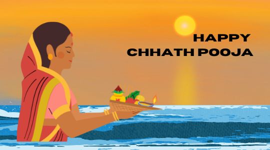 Illustration of a Woman Performing Chhath Puja at Sunrise, Holding a Traditional Offering Plate with Fruits, a Lamp, and a Small Temple Decoration, Standing in the Water with a Serene Backdrop of the Sun Rising over the Horizon. Text Reads 'happy Chhath Pooja.'