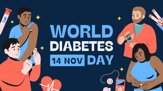 Illustration of Diverse Individuals Managing Diabetes Through Activities Like Blood Sugar Testing and Insulin Injection, with Medical Icons Such As Glucometers, Insulin Pens, and Heart Health Symbols Surrounding the Text 'world Diabetes Day, 14 Nov' on a Dark Background.