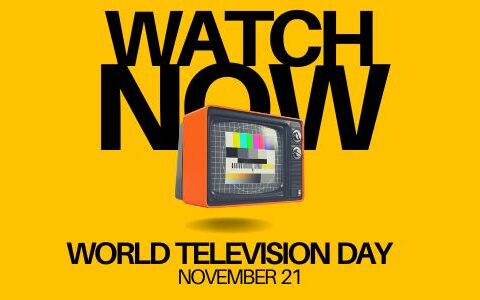 World Television Day November 21 poster with a retro television on a yellow background and bold text 'Watch Now'.