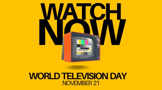 World Television Day November 21 Poster with a Retro Television on a Yellow Background and Bold Text 'watch Now'.