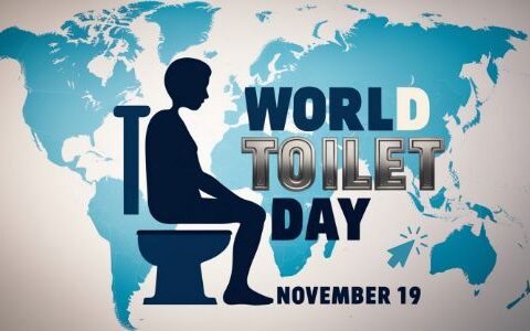 World Toilet Day 2024: Global Awareness Poster Featuring a Silhouette of a Person Sitting on a Toilet Against a World Map Background, Highlighting Sanitation Issues on November 19