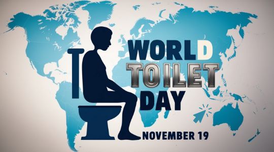 World Toilet Day 2024: Global Awareness Poster Featuring a Silhouette of a Person Sitting on a Toilet Against a World Map Background, Highlighting Sanitation Issues on November 19