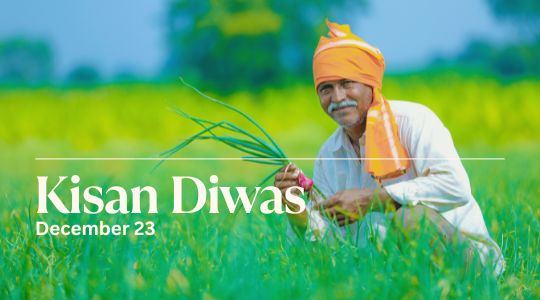 Smiling Farmer in Traditional Indian Attire Holding Crops in a Lush Green Field, Celebrating Kisan Diwas on December 23.