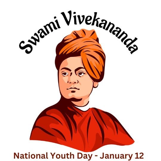 Illustration of Swami Vivekananda in traditional attire with an orange turban, featured on a poster commemorating National Youth Day on January 12.