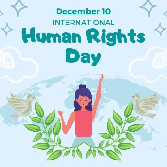 Empowering Equality: International Human Rights Day Illustration with Peace and Unity Theme | Asha Diaries Illustration for International Human Rights Day Observed on December 10, Featuring a Woman Raising Her Hand in Celebration Surrounded by Green Leaves, Peace Doves, and a Globe in the Background.