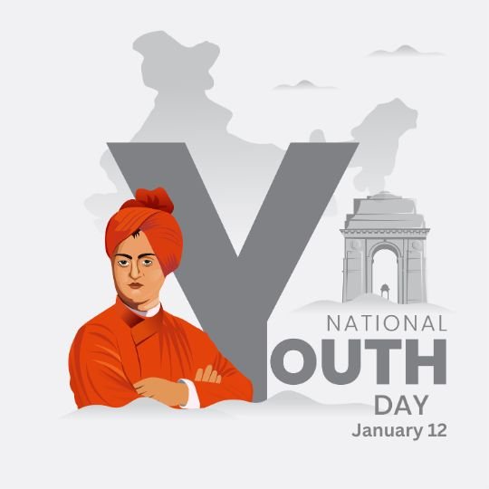 Illustration for National Youth Day, featuring Swami Vivekananda in an orange robe, with the outline of India and the India Gate in the background, superimposed with a large letter 'Y' to symbolize 'Youth'. The event date, January 12, is displayed at the bottom.