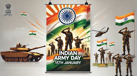 Indian Army Day Poster Featuring Soldiers Saluting, Tanks, Helicopters, and the Indian National Flag with the Date '15th January.' the Design Highlights Patriotism and Honors the Indian Army.