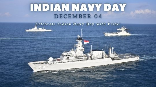 Indian Navy Day Poster Featuring Naval Ships in the Ocean with the Text 'indian Navy Day December 04 - Celebrate Indian Navy Day with Pride