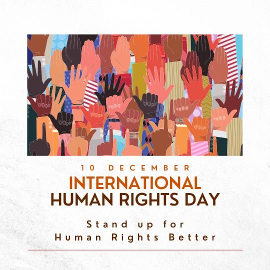 International Human Rights Day: Celebrating Unity and Equality on 10 December | Asha Diaries Illustration of Diverse Hands Raised in Solidarity, Symbolizing Unity and Equality, with Text Promoting International Human Rights Day on 10 December and the Slogan 'Stand up for Human Rights Better'.