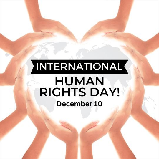International Human Rights Day - Celebrating Unity and Equality | Asha Diaries Hands Forming a Heart Shape Around a World Map with the Text 'International Human Rights Day, December 10' in bold black and white design.