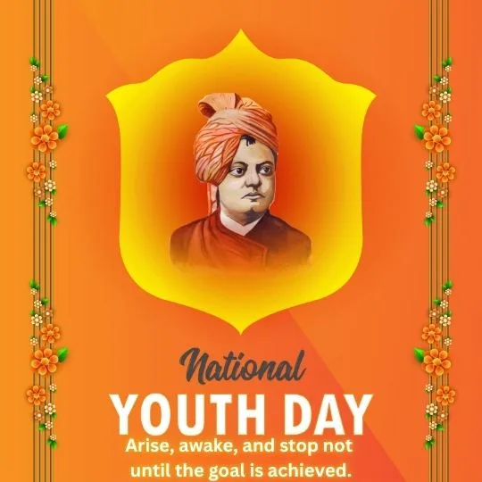 National Youth Day Celebration: Inspiring Poster Featuring Swami Vivekananda | Asha Diaries National Youth Day Poster Featuring an Illustrated Portrait of Swami Vivekananda, with Orange Flowers and a Decorative Orange Background, Including a Motivational Quote 'Arise, awake, and stop not until the goal is achieved.