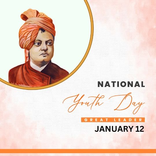 Promotional graphic for National Youth Day featuring an illustrated portrait of Swami Vivekananda, celebrated on January 12.