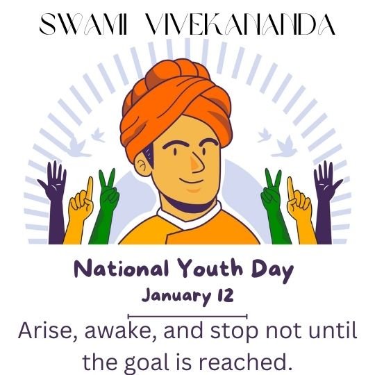 Illustration of Swami Vivekananda with an orange turban and saffron attire, surrounded by colorful raised hands and dove silhouettes, promoting National Youth Day celebrated on January 12, with the inspirational quote 'Arise, awake, and stop not until the goal is reached.'