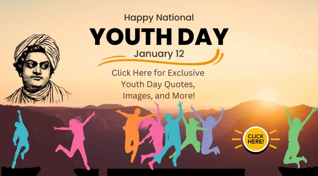 National Youth Day Celebration Banner | Asha Diaries Promotional Banner for National Youth Day Featuring Swami Vivekananda, Colorful Silhouettes of Youths, and a Call-to-action Button.