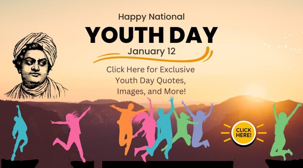 Promotional banner for National Youth Day featuring Swami Vivekananda, colorful silhouettes of youths, and a call-to-action button.