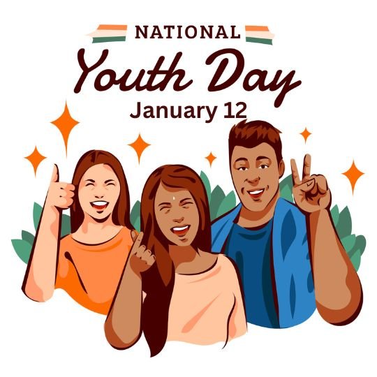 Illustration of three young people celebrating National Youth Day on January 12. The image features two women and one man smiling, making thumbs-up and peace signs, with a vibrant background of stars and greenery. The words 'National Youth Day' are written in bold above, with the date 'January 12' displayed below.