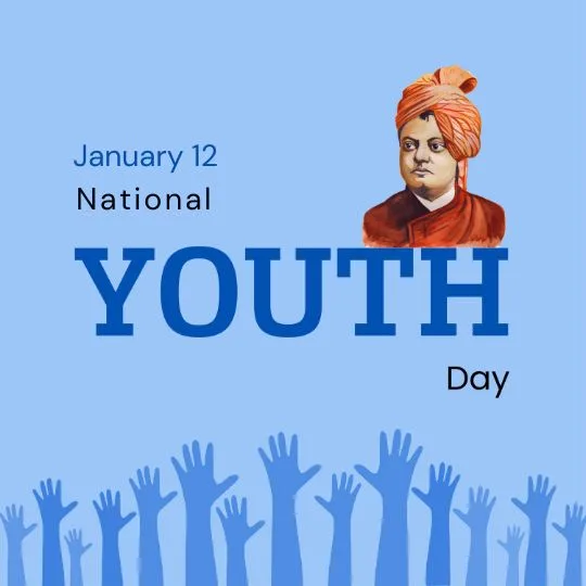 National Youth Day Celebration: Tribute to Swami Vivekananda | Asha Diaries Illustration for National Youth Day, Featuring a Portrait of Swami Vivekananda with His Signature Orange Turban on a Blue Background. Text Reads 'January 12, National Youth Day' in bold lettering, with silhouettes of raised hands symbolizing youth participation at the bottom.