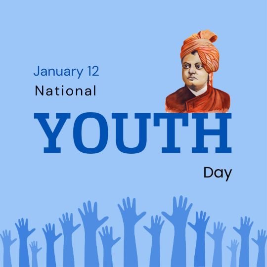 Illustration for National Youth Day, featuring a portrait of Swami Vivekananda with his signature orange turban on a blue background. Text reads 'January 12, National Youth Day' in bold lettering, with silhouettes of raised hands symbolizing youth participation at the bottom.