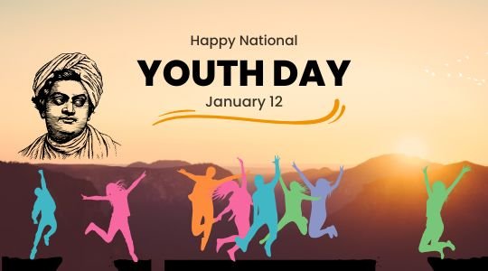 Happy National Youth Day greeting with an illustration of Swami Vivekananda and colorful silhouettes of dancing youth.