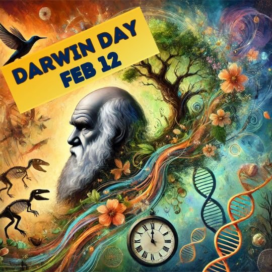 A vibrant, artistic digital illustration celebrating Darwin Day on February 12. The image features a profile of Charles Darwin surrounded by elements representing evolution, including dinosaur skeletons, a tree of life, DNA strands, a clock, and swirling natural patterns. A hummingbird flies near a yellow banner with bold text that reads 'DARWIN DAY FEB 12.'