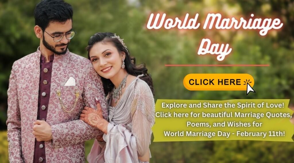 | Asha Diaries an Elegant Couple in Traditional Attire Celebrating World Marriage Day with a Banner Invitation to Explore Love Through Quotes, Poems, and Wishes.