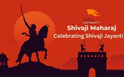 Graphic of Chhatrapati Shivaji Maharaj on horseback with a raised sword, silhouetted against an orange sunset sky, celebrating Shivaji Jayanti.
