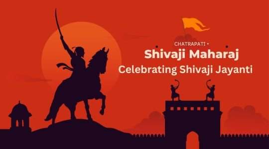 Graphic of Chhatrapati Shivaji Maharaj on horseback with a raised sword, silhouetted against an orange sunset sky, celebrating Shivaji Jayanti.
