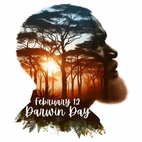 A digital artwork featuring the silhouette of Charles Darwin, filled with an artistic depiction of a forest with tall trees and a golden sunset. The text 'February 12 Darwin Day' is overlaid at the bottom, celebrating Darwin's contributions to science and evolution.