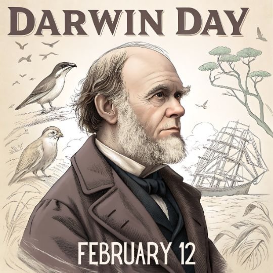 Illustrated portrait of Charles Darwin with the text 'DARWIN DAY' at the top and 'FEBRUARY 12' at the bottom. The background features finches, a sailing ship, trees, and flying birds, symbolizing Darwin’s contributions to evolutionary biology.