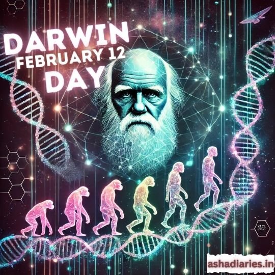Digital artwork celebrating Darwin Day on February 12. The image features a stylized portrait of Charles Darwin with a futuristic, cosmic background. Below Darwin, an evolutionary progression is depicted, showing early primates transitioning into modern humans in vibrant neon colors. DNA helix structures frame the composition, emphasizing the theme of evolution and genetics.