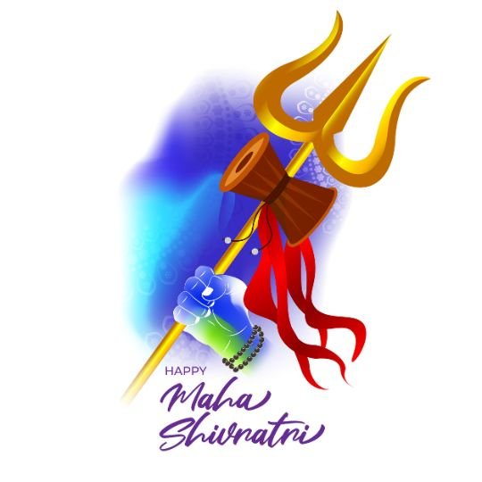 भगवान शिव का नीले रंग का हाथ, त्रिशूल और डमरू धारण किए हुए, लाल ध्वज के साथ 'Happy Maha Shivratri' टेक्स्ट, शक्ति, भक्ति और महाशिवरात्रि के आध्यात्मिक उत्सव का प्रतीक।