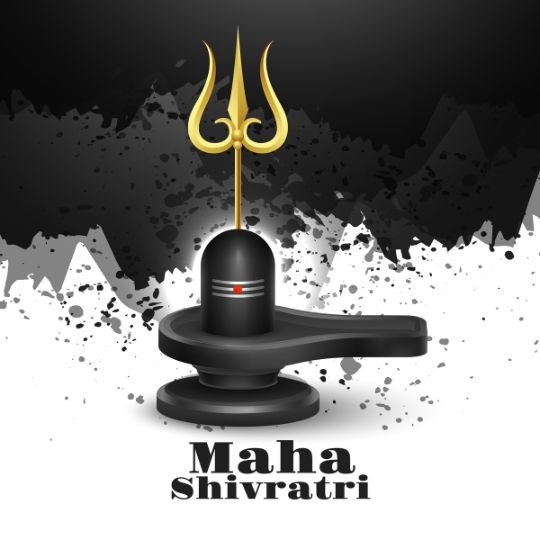 Shivling with a golden Trishul above it, set against a black and white artistic background, symbolizing devotion and the divine power of Lord Shiva on Maha Shivratri.